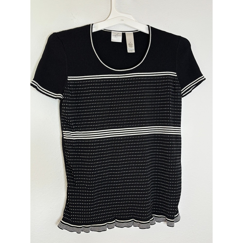 Emma James Womens Medium Black White Striped Dot Knit Short Sleeve Sweater Top